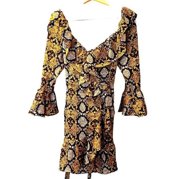 Boohoo Snakeskin Print Ruffle Mini Dress Long Sleeve Bold Party Fashion Look - Picture 4 of 15